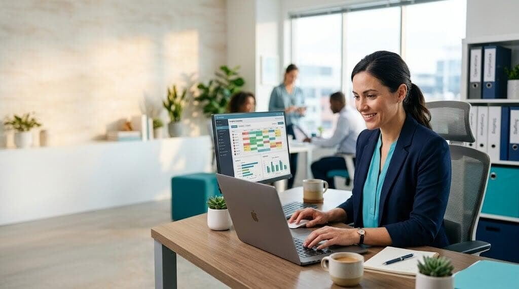 Coordinator working at a laptop beside a scheduling screen